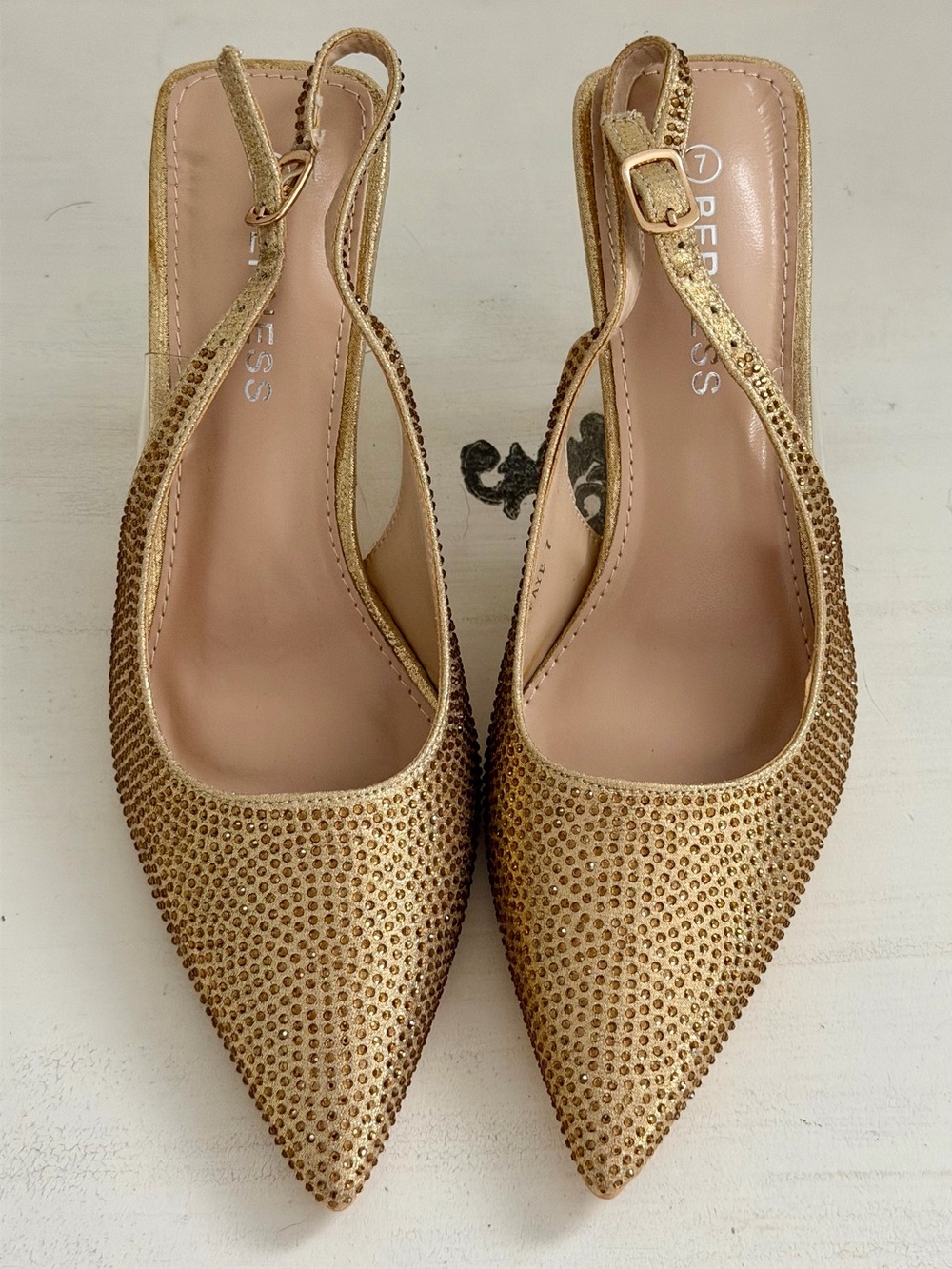 Gold Crystal-Embellished Pointed Slingback heels